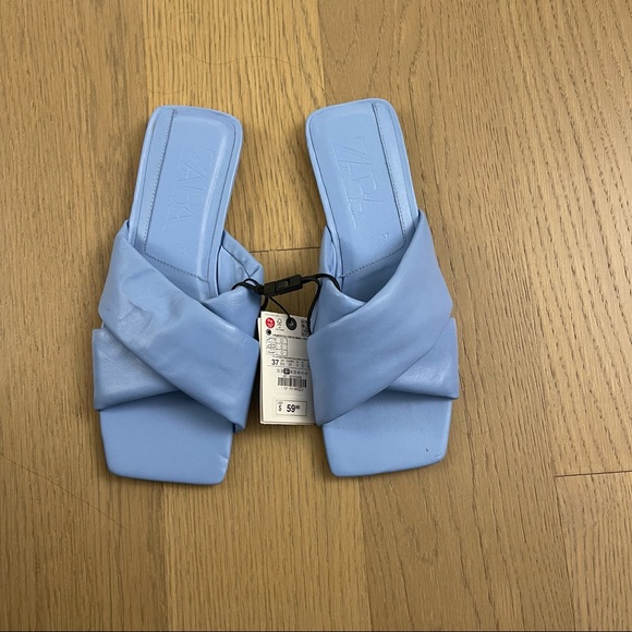 Zara Flat Padded Square Toe Sandals, Blue, Sz 37, NWT - Picture 2 of 4